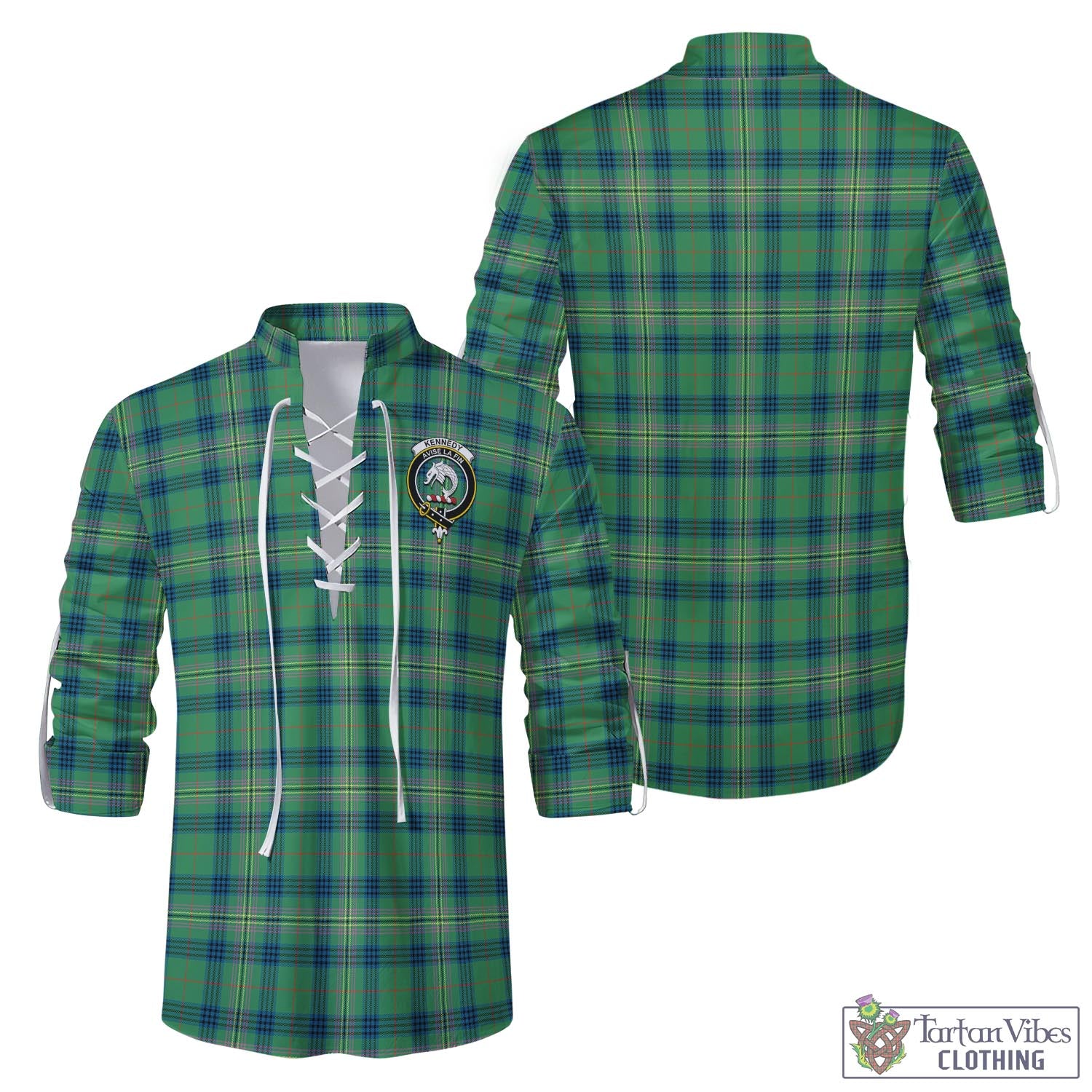 Tartan Vibes Clothing Kennedy Ancient Tartan Men's Scottish Traditional Jacobite Ghillie Kilt Shirt with Family Crest