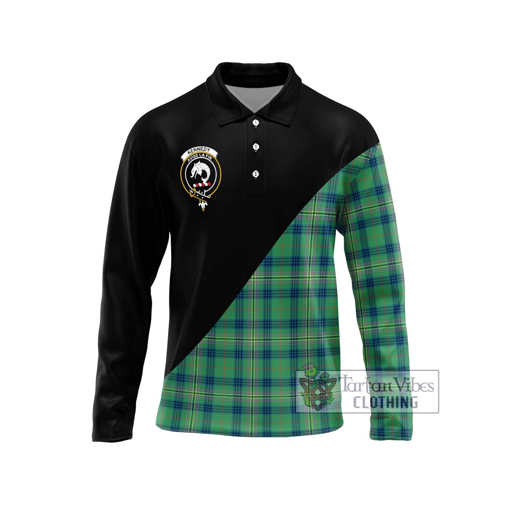 Kennedy Ancient Tartan Long Sleeve Polo Shirt with Family Crest and Military Logo Style Unisex - Tartanvibesclothing Shop