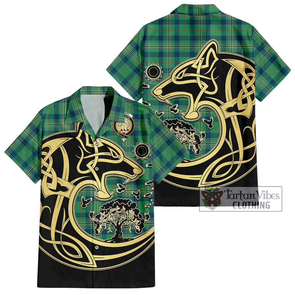 Kennedy Ancient Tartan Short Sleeve Button Shirt with Family Crest Celtic Wolf Style Kid - Tartan Vibes Clothing