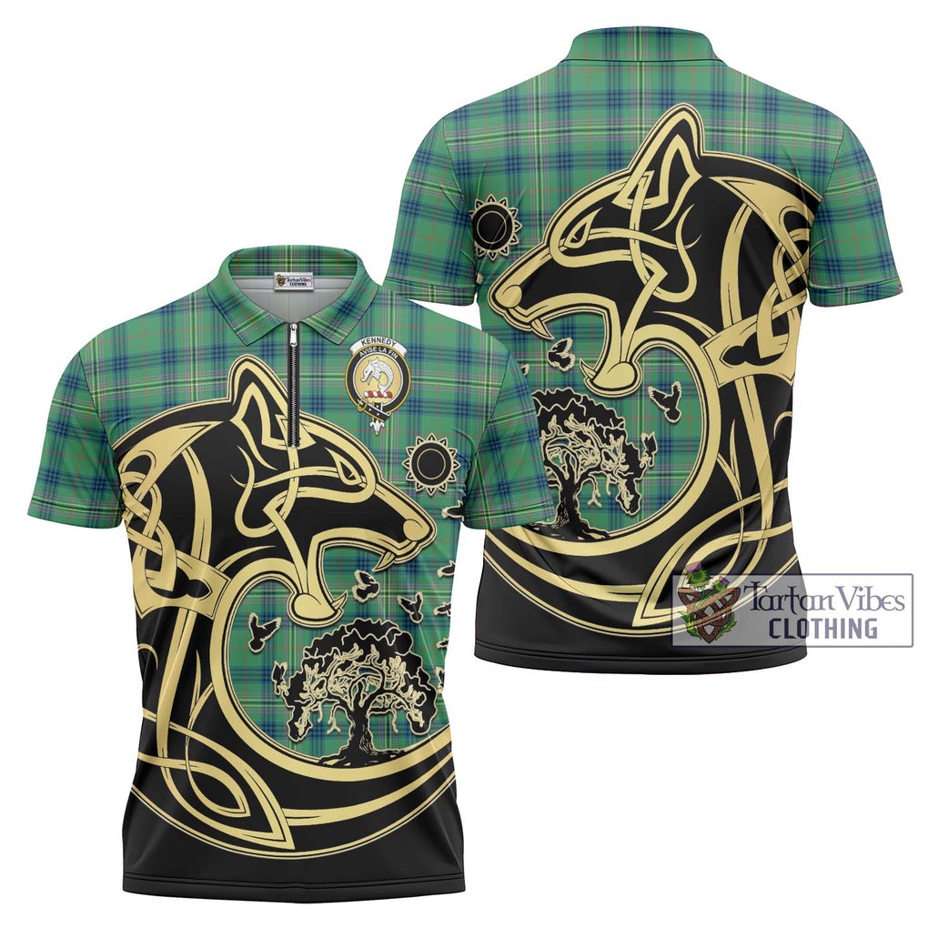 Kennedy Ancient Tartan Zipper Polo Shirt with Family Crest Celtic Wolf Style Unisex - Tartanvibesclothing Shop