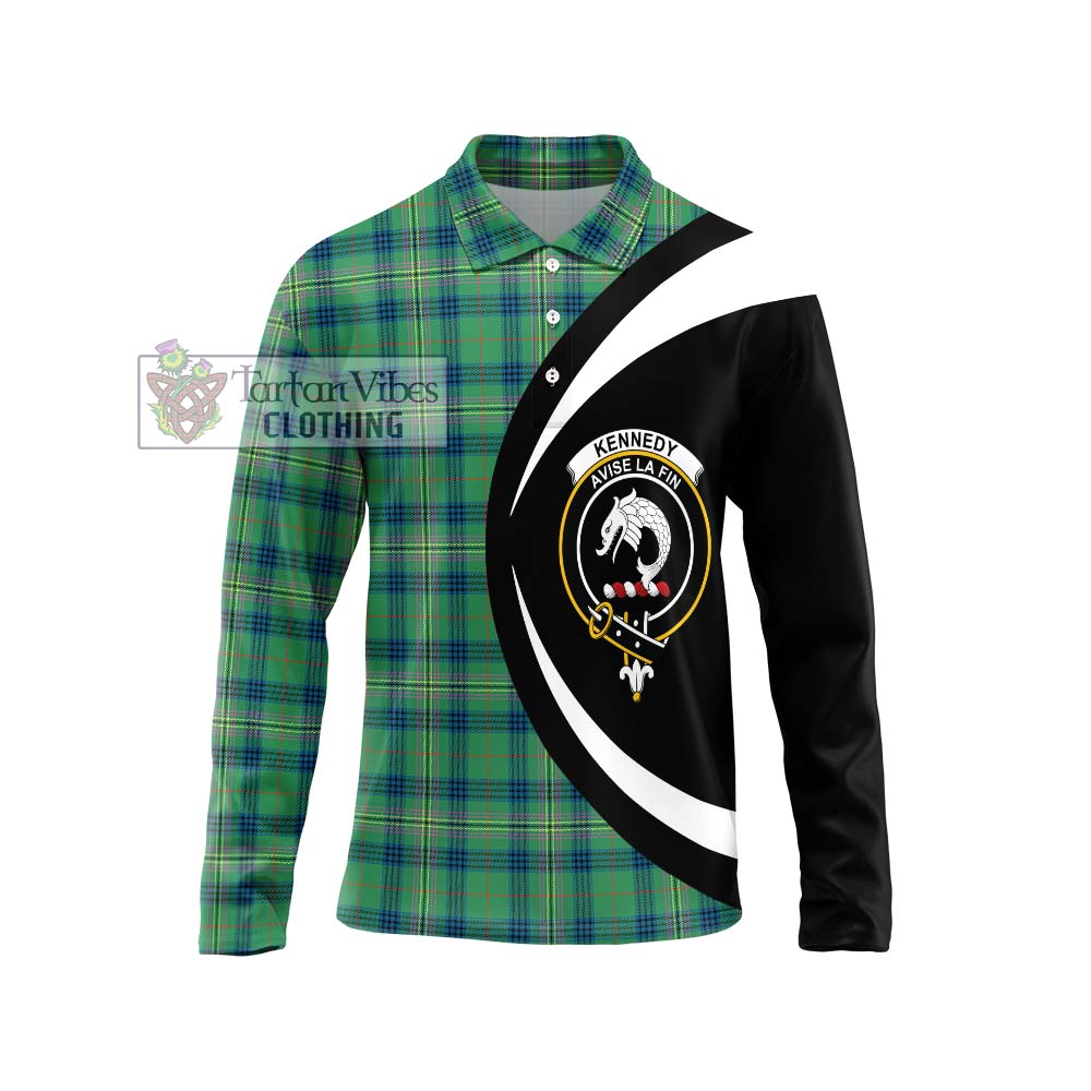 Kennedy Ancient Tartan Long Sleeve Polo Shirt with Family Crest Circle Style Unisex - Tartan Vibes Clothing