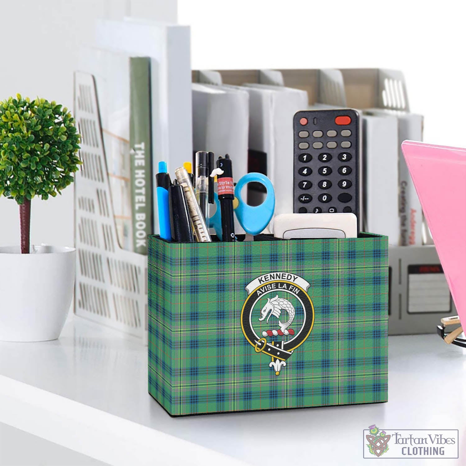 Tartan Vibes Clothing Kennedy Ancient Tartan Pen Holder with Family Crest