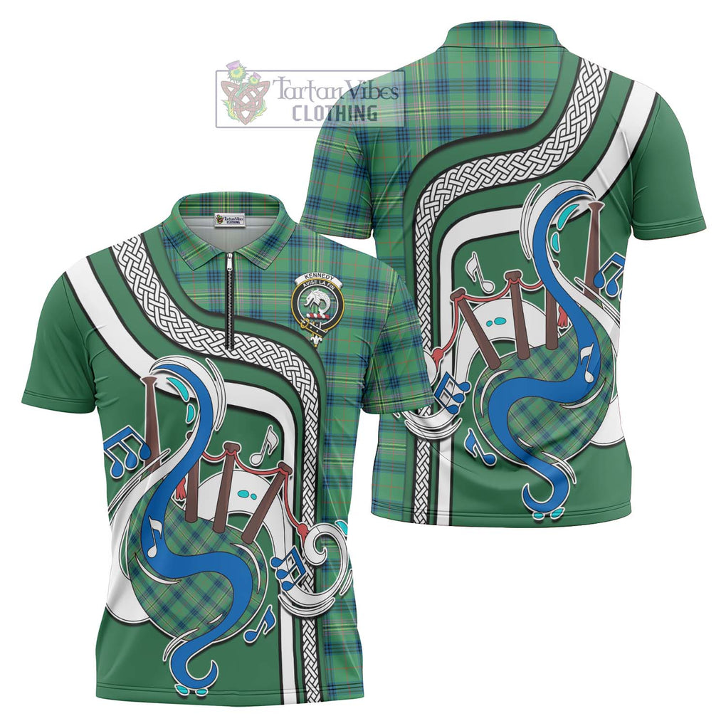 Kennedy Ancient Tartan Zipper Polo Shirt with Epic Bagpipe Style Unisex - Tartanvibesclothing Shop