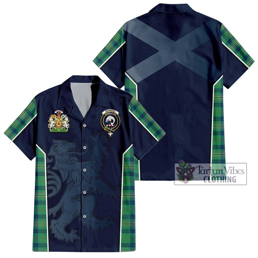 Kennedy Ancient Tartan Short Sleeve Button Shirt with Family Crest and Lion Rampant Vibes Sport Style Kid - Tartan Vibes Clothing