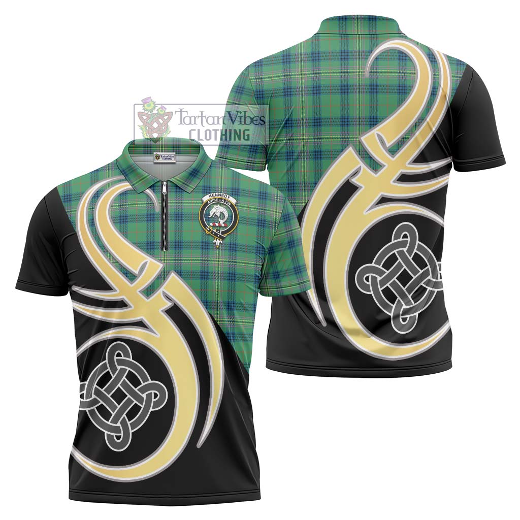 Tartan Vibes Clothing Kennedy Ancient Tartan Zipper Polo Shirt with Family Crest and Celtic Symbol Style