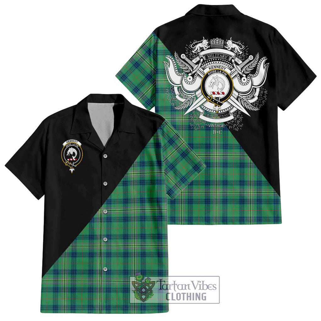 Kennedy Ancient Tartan Short Sleeve Button Shirt with Family Crest and Military Logo Style Kid - Tartanvibesclothing Shop