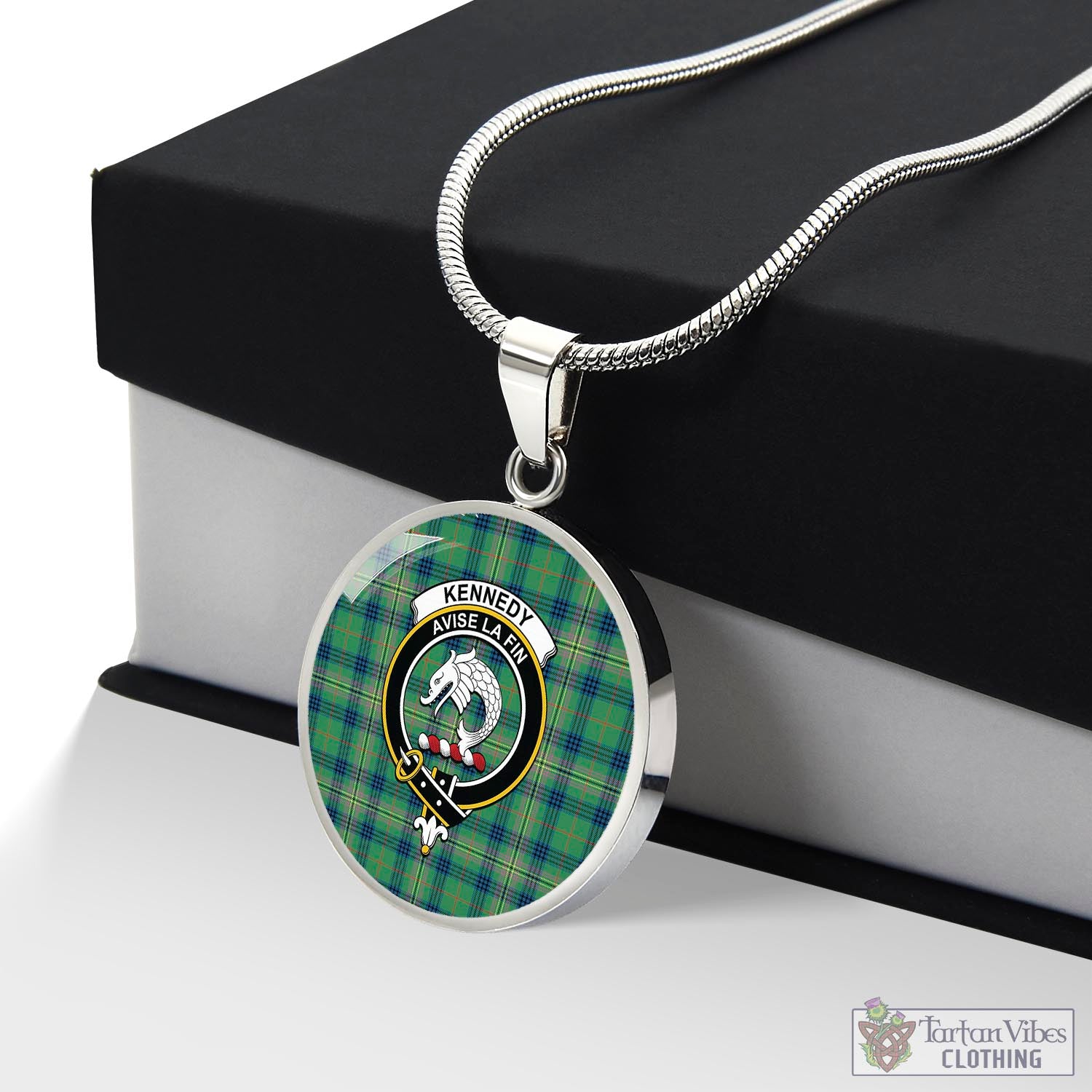 Tartan Vibes Clothing Kennedy Ancient Tartan Circle Necklace with Family Crest