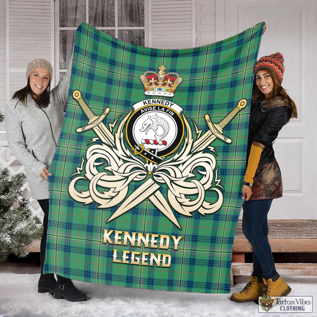 Tartan Vibes Clothing Kennedy Ancient Tartan Blanket with Clan Crest and the Golden Sword of Courageous Legacy