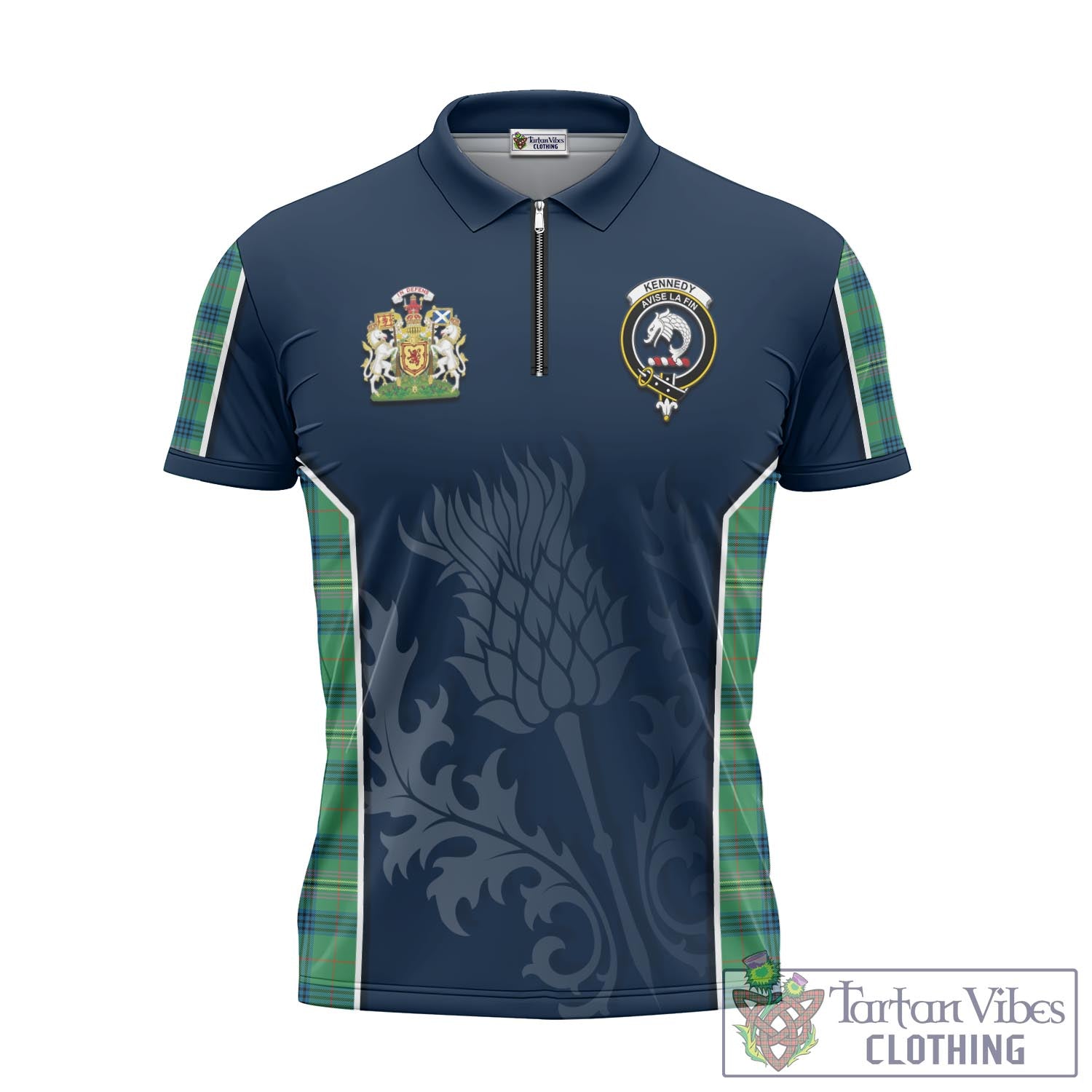 Tartan Vibes Clothing Kennedy Ancient Tartan Zipper Polo Shirt with Family Crest and Scottish Thistle Vibes Sport Style