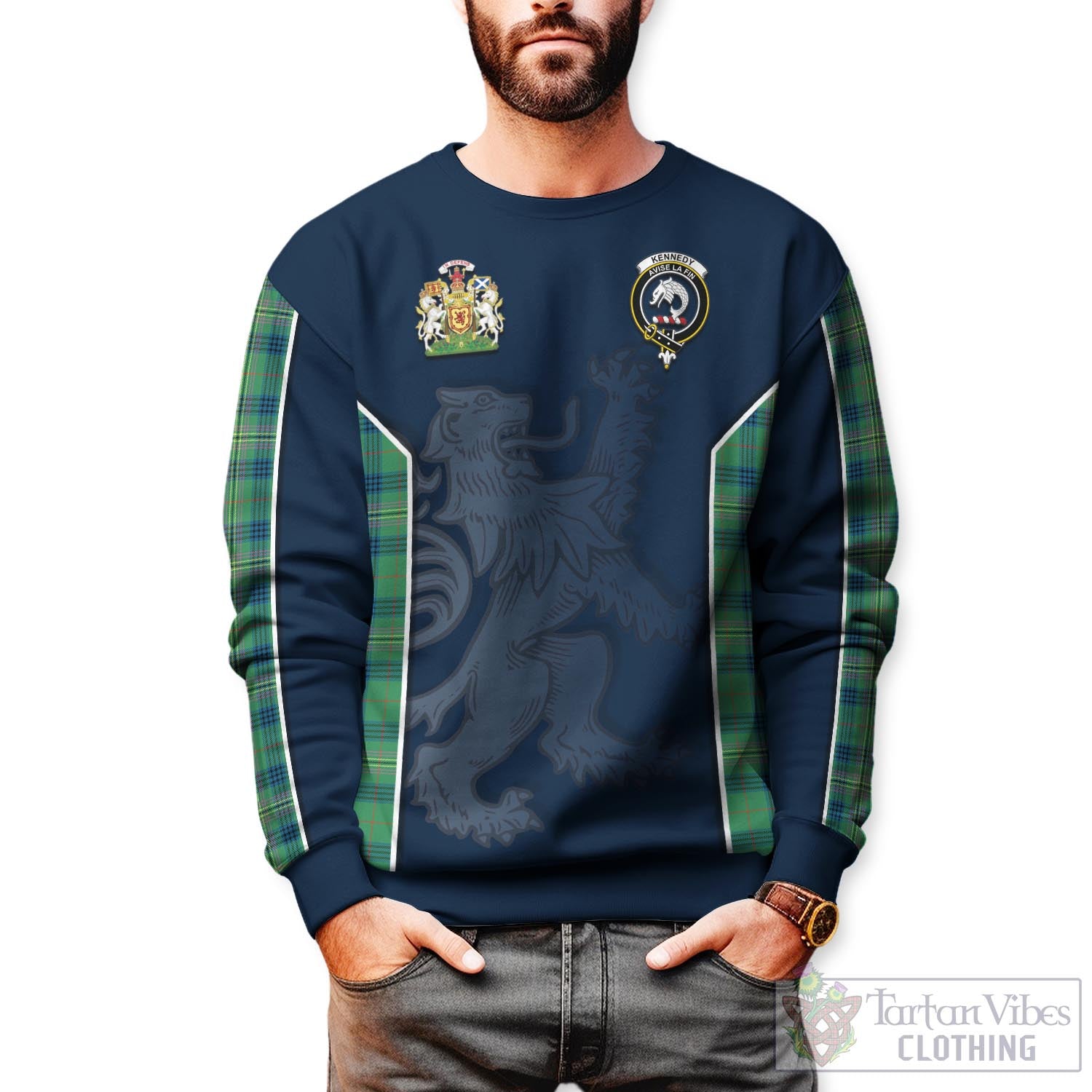 Tartan Vibes Clothing Kennedy Ancient Tartan Sweater with Family Crest and Lion Rampant Vibes Sport Style