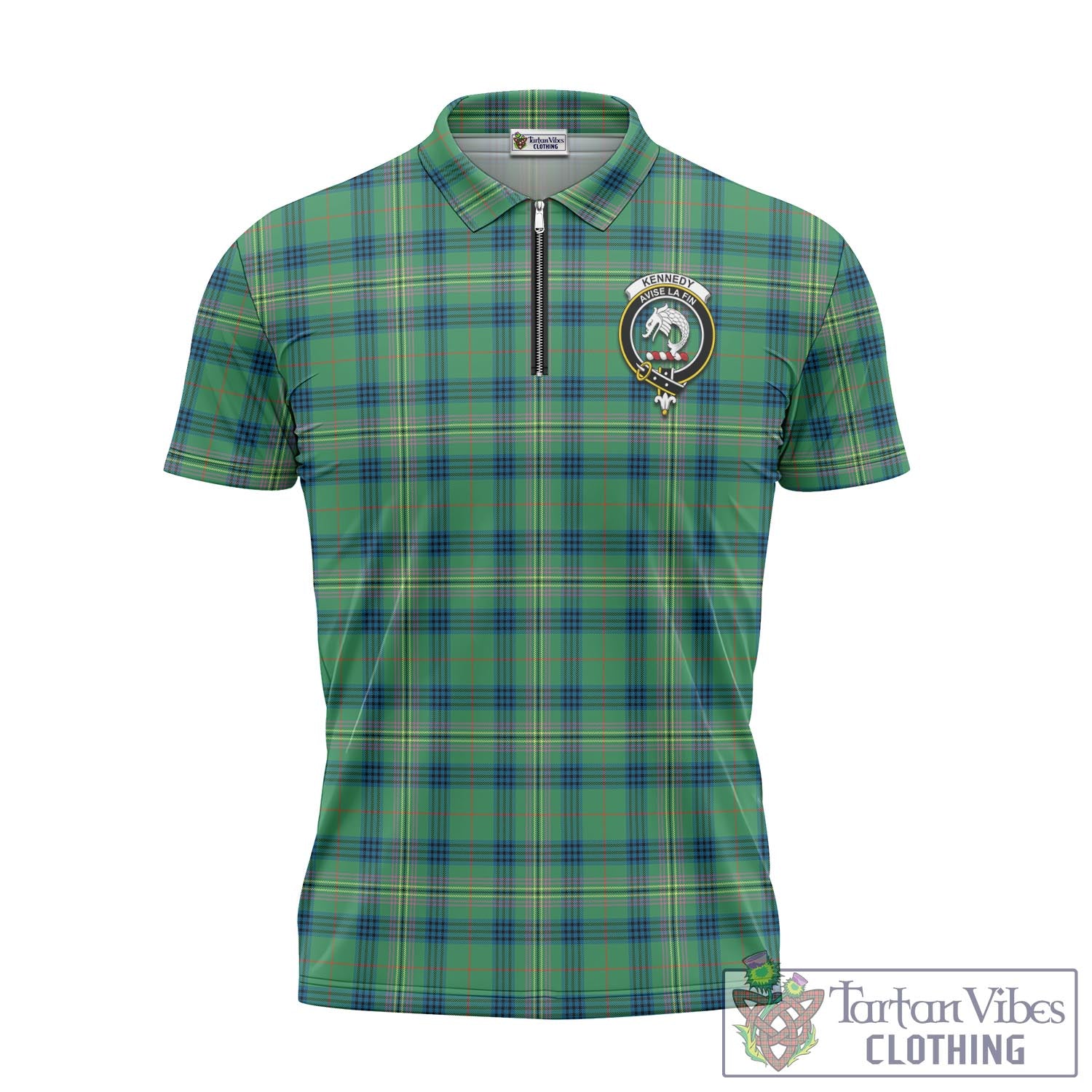 Tartan Vibes Clothing Kennedy Ancient Tartan Zipper Polo Shirt with Family Crest