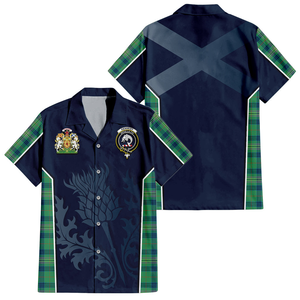 Tartan Vibes Clothing Kennedy Ancient Tartan Short Sleeve Button Up Shirt with Family Crest and Scottish Thistle Vibes Sport Style