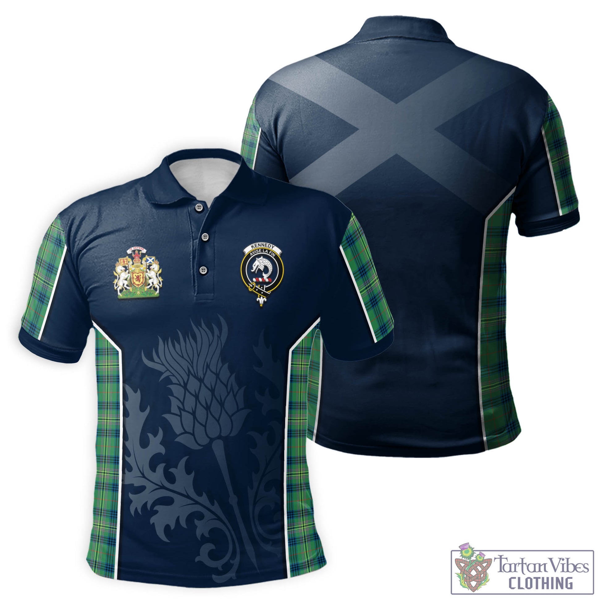 Tartan Vibes Clothing Kennedy Ancient Tartan Men's Polo Shirt with Family Crest and Scottish Thistle Vibes Sport Style