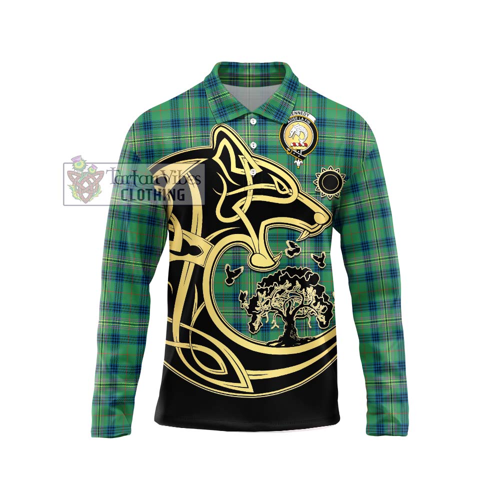 Kennedy Ancient Tartan Long Sleeve Polo Shirt with Family Crest Celtic Wolf Style Unisex - Tartanvibesclothing Shop