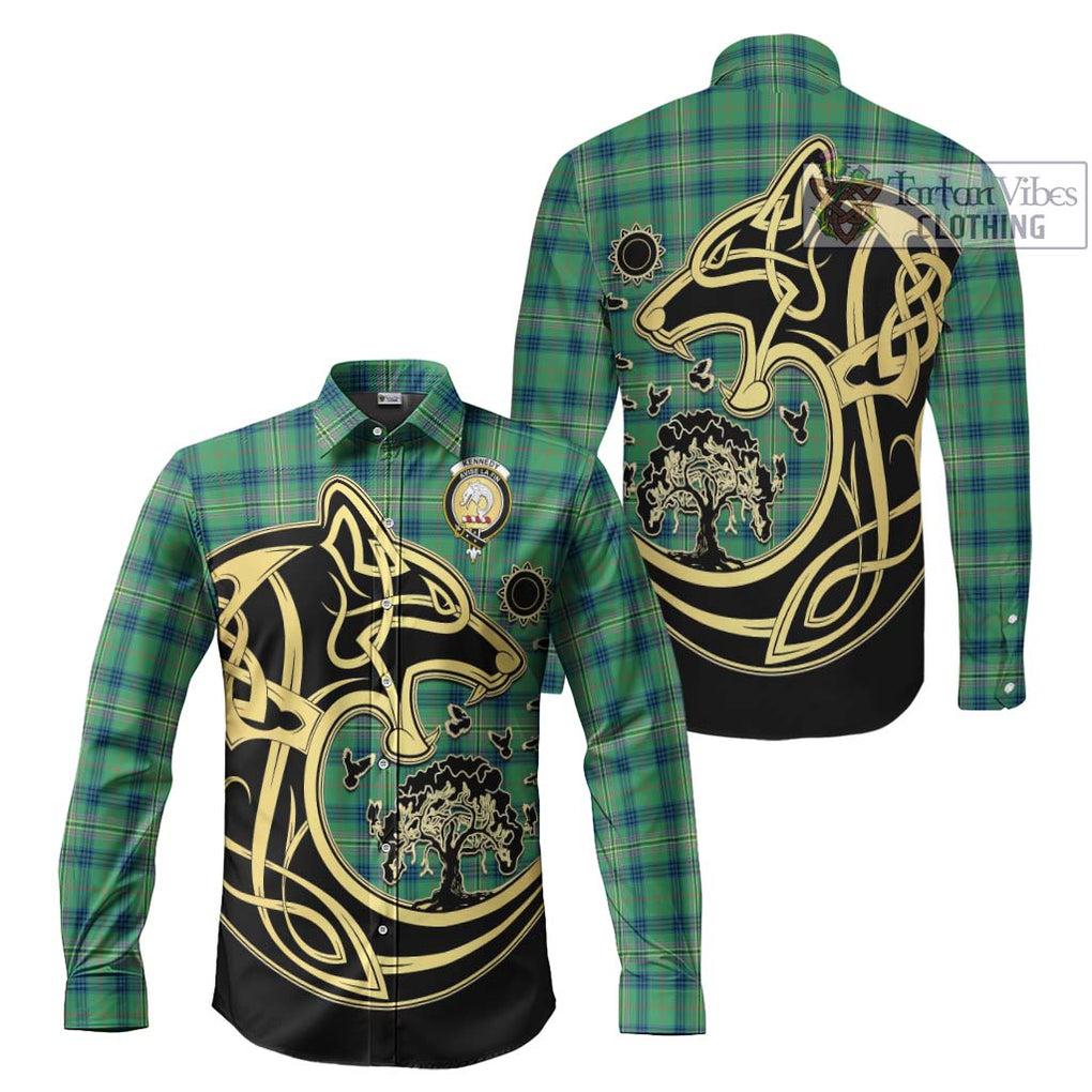 Kennedy Ancient Tartan Long Sleeve Button Shirt with Family Crest Celtic Wolf Style Men's Shirt S - Tartan Vibes Clothing