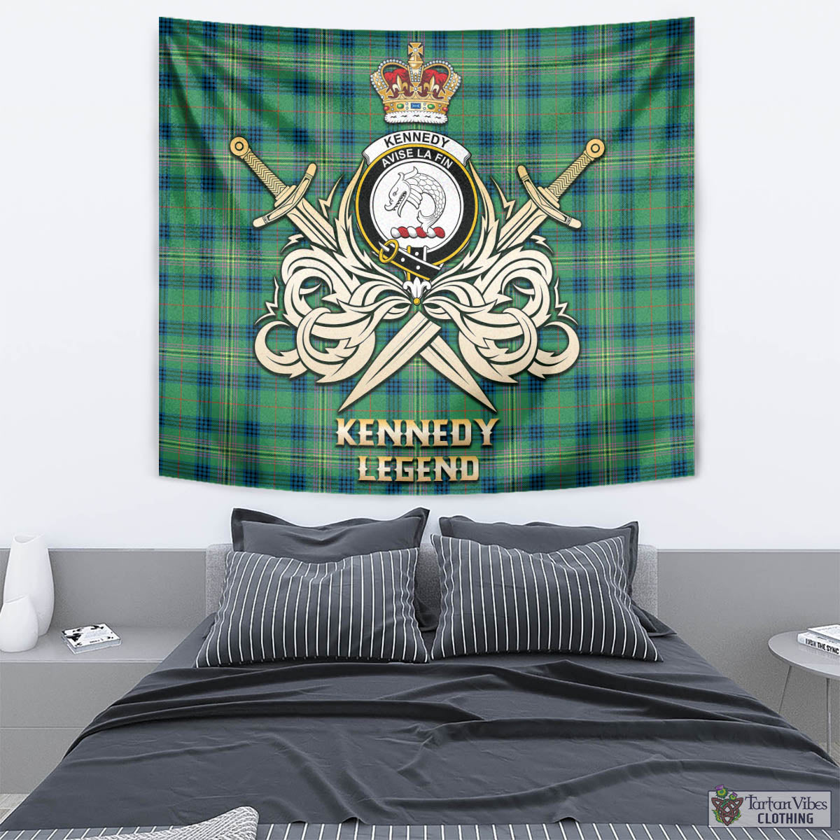 Tartan Vibes Clothing Kennedy Ancient Tartan Tapestry with Clan Crest and the Golden Sword of Courageous Legacy