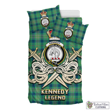 Kennedy Ancient Tartan Bedding Set with Clan Crest and the Golden Sword of Courageous Legacy