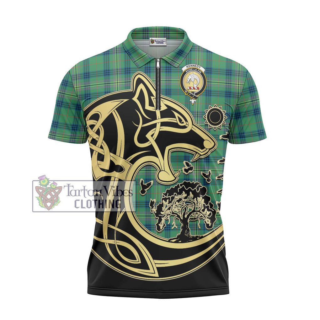 Kennedy Ancient Tartan Zipper Polo Shirt with Family Crest Celtic Wolf Style - Tartanvibesclothing Shop