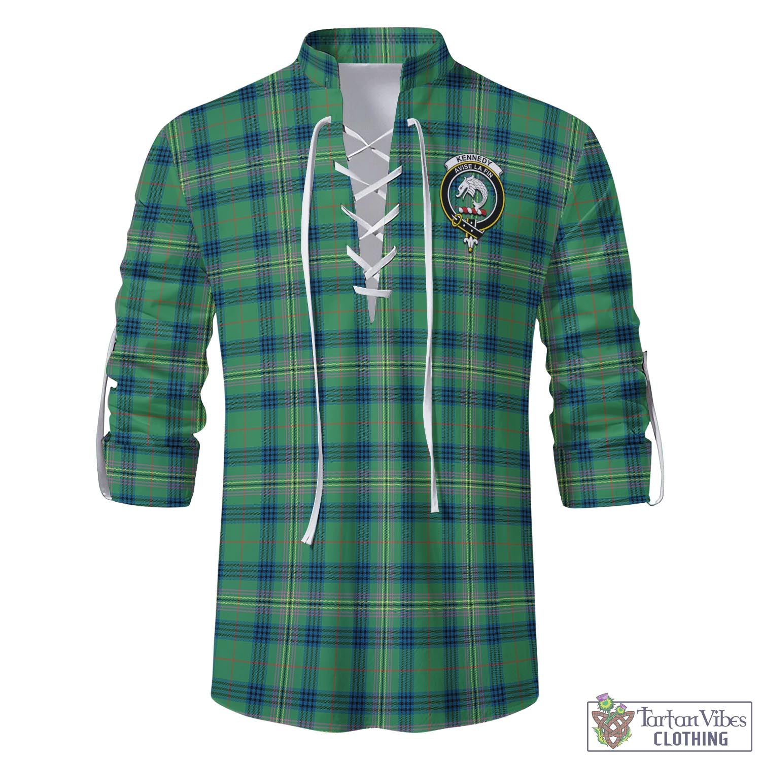 Tartan Vibes Clothing Kennedy Ancient Tartan Men's Scottish Traditional Jacobite Ghillie Kilt Shirt with Family Crest