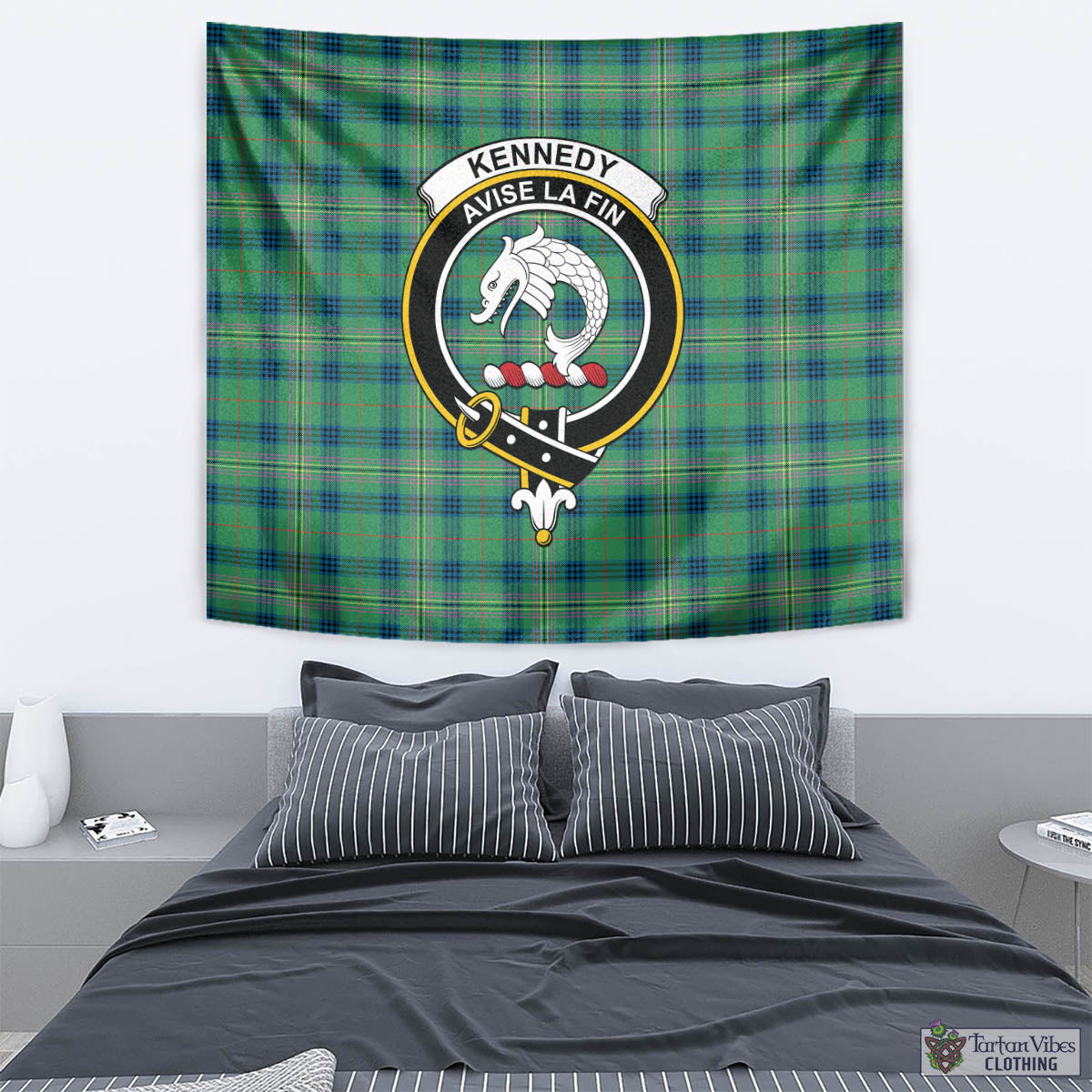 Tartan Vibes Clothing Kennedy Ancient Tartan Tapestry Wall Hanging and Home Decor for Room with Family Crest