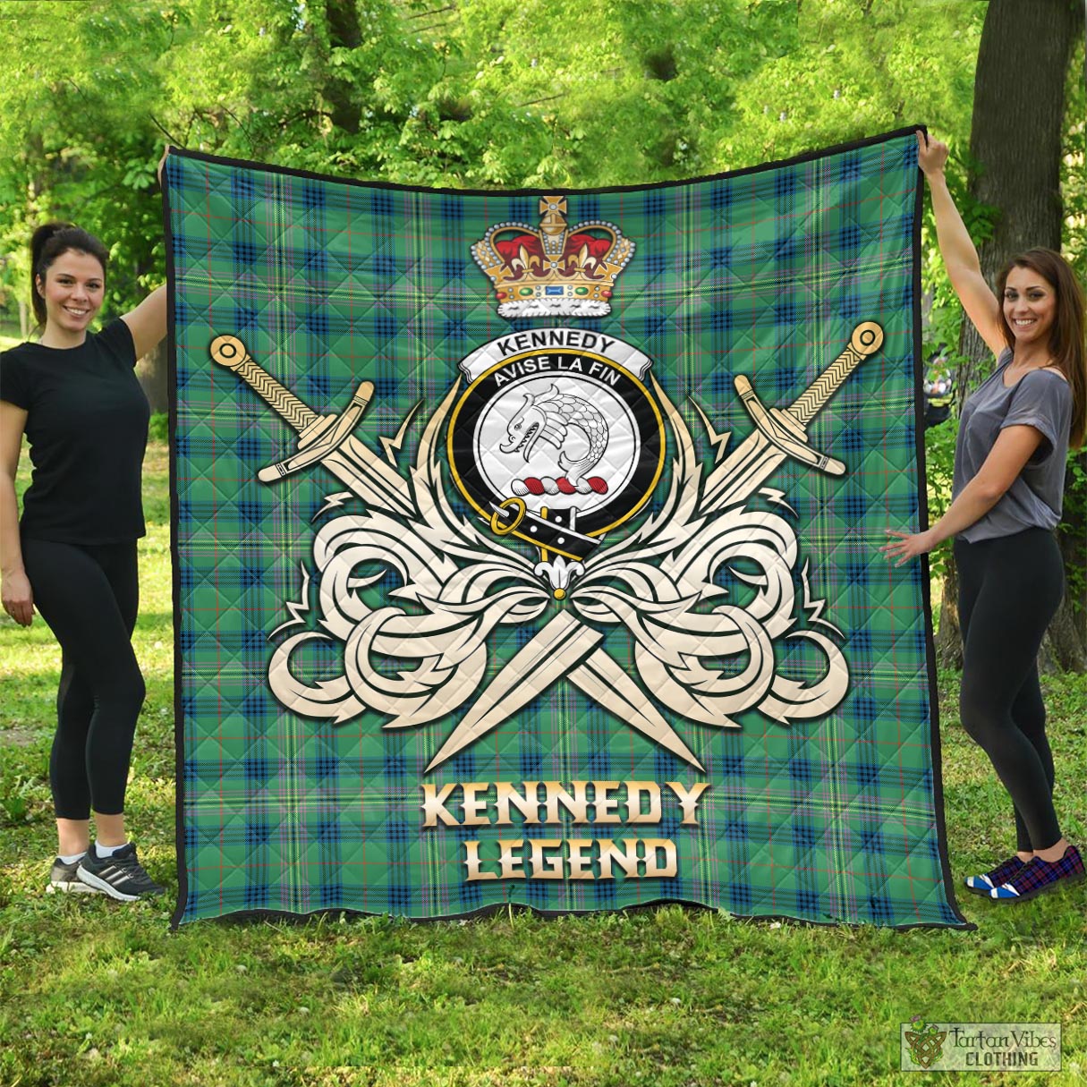 Tartan Vibes Clothing Kennedy Ancient Tartan Quilt with Clan Crest and the Golden Sword of Courageous Legacy