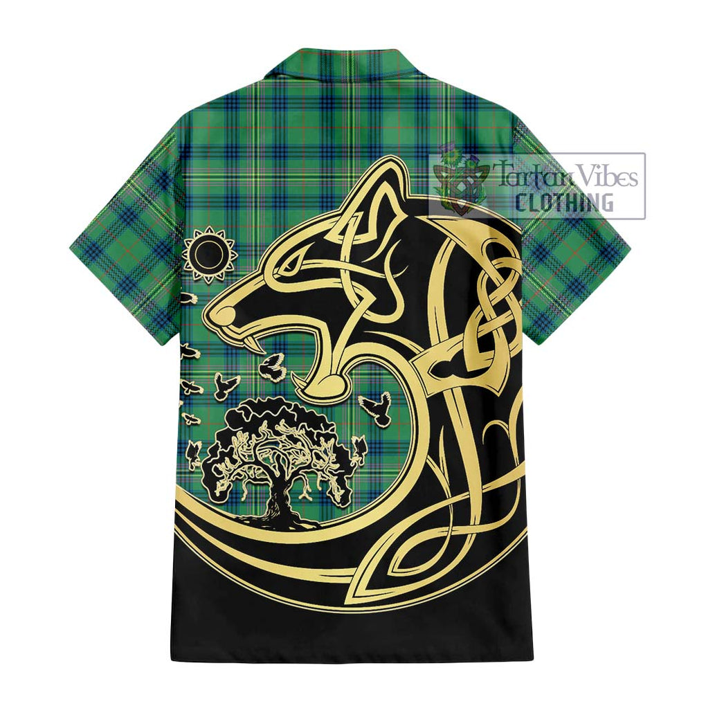 Kennedy Ancient Tartan Short Sleeve Button Shirt with Family Crest Celtic Wolf Style - Tartan Vibes Clothing