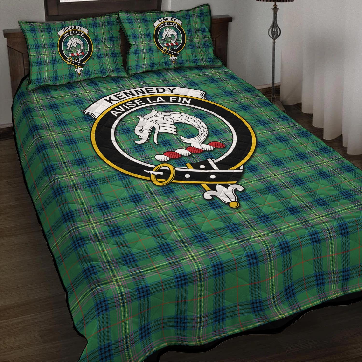 Kennedy Ancient Tartan Quilt Bed Set with Family Crest - Tartan Vibes Clothing