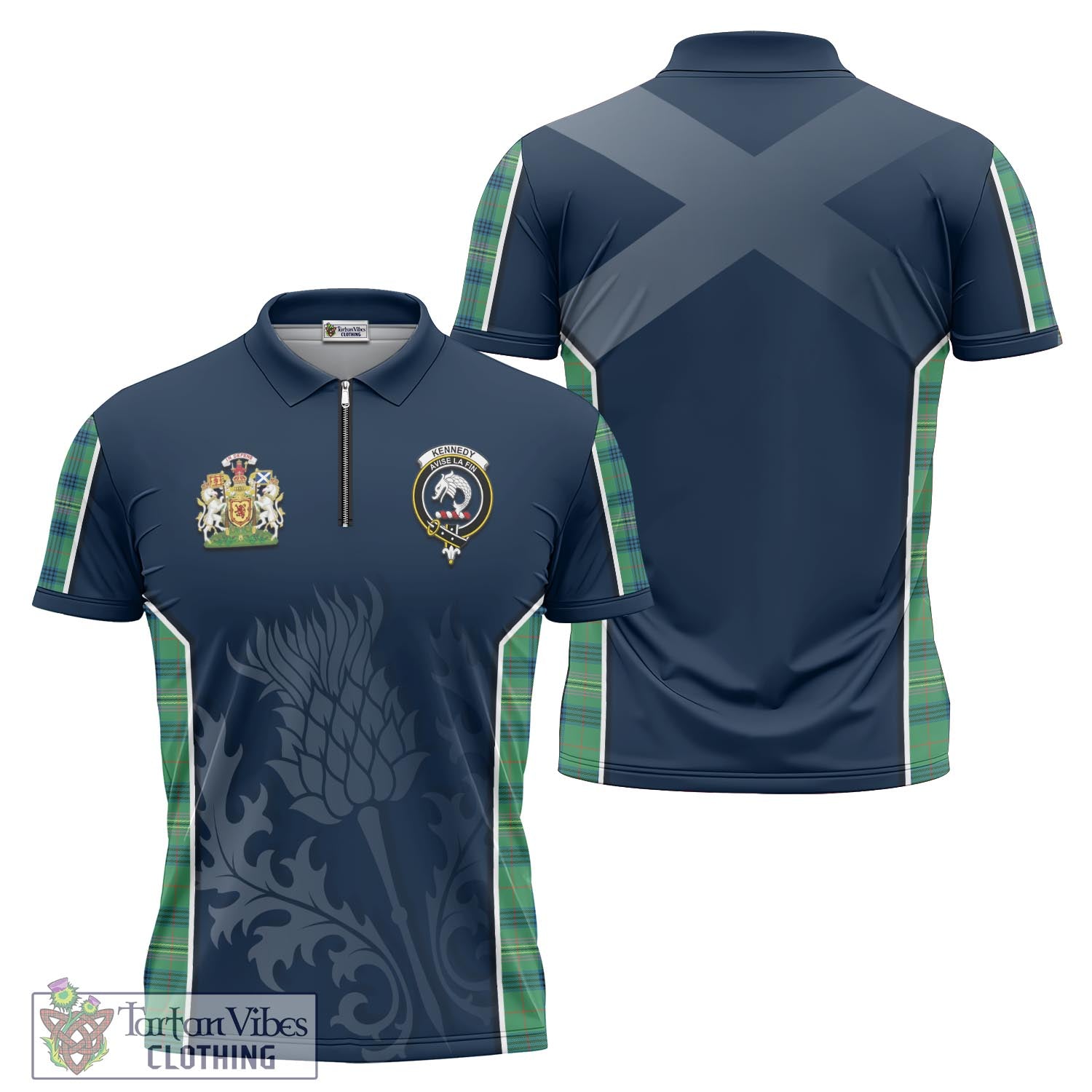 Tartan Vibes Clothing Kennedy Ancient Tartan Zipper Polo Shirt with Family Crest and Scottish Thistle Vibes Sport Style