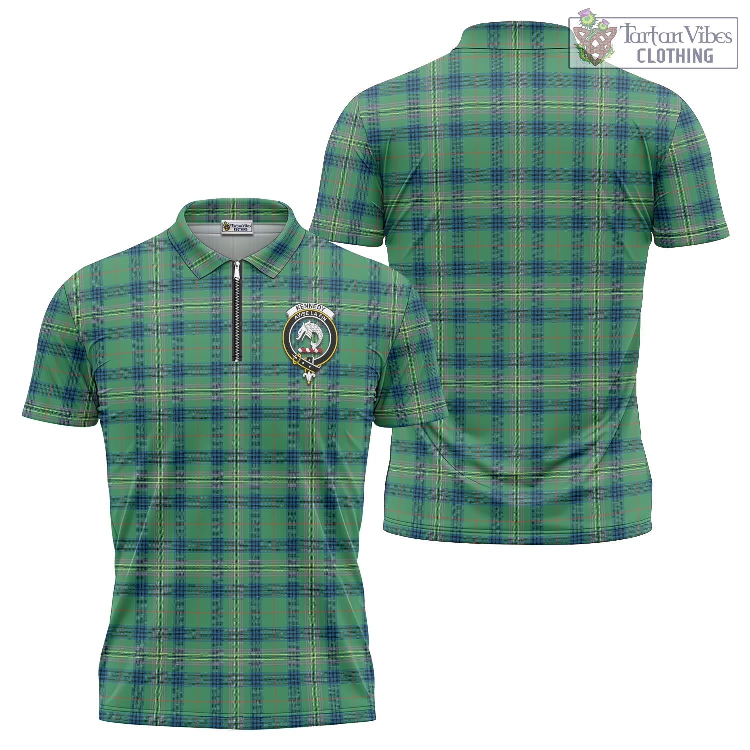 Tartan Vibes Clothing Kennedy Ancient Tartan Zipper Polo Shirt with Family Crest