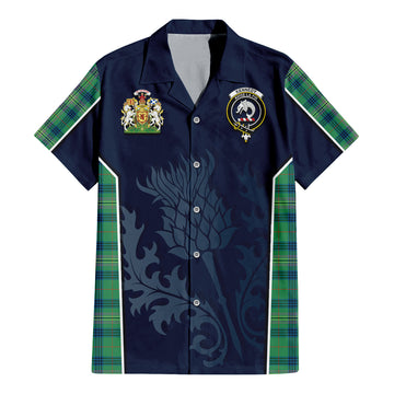 Kennedy Ancient Tartan Short Sleeve Button Up Shirt with Family Crest and Scottish Thistle Vibes Sport Style