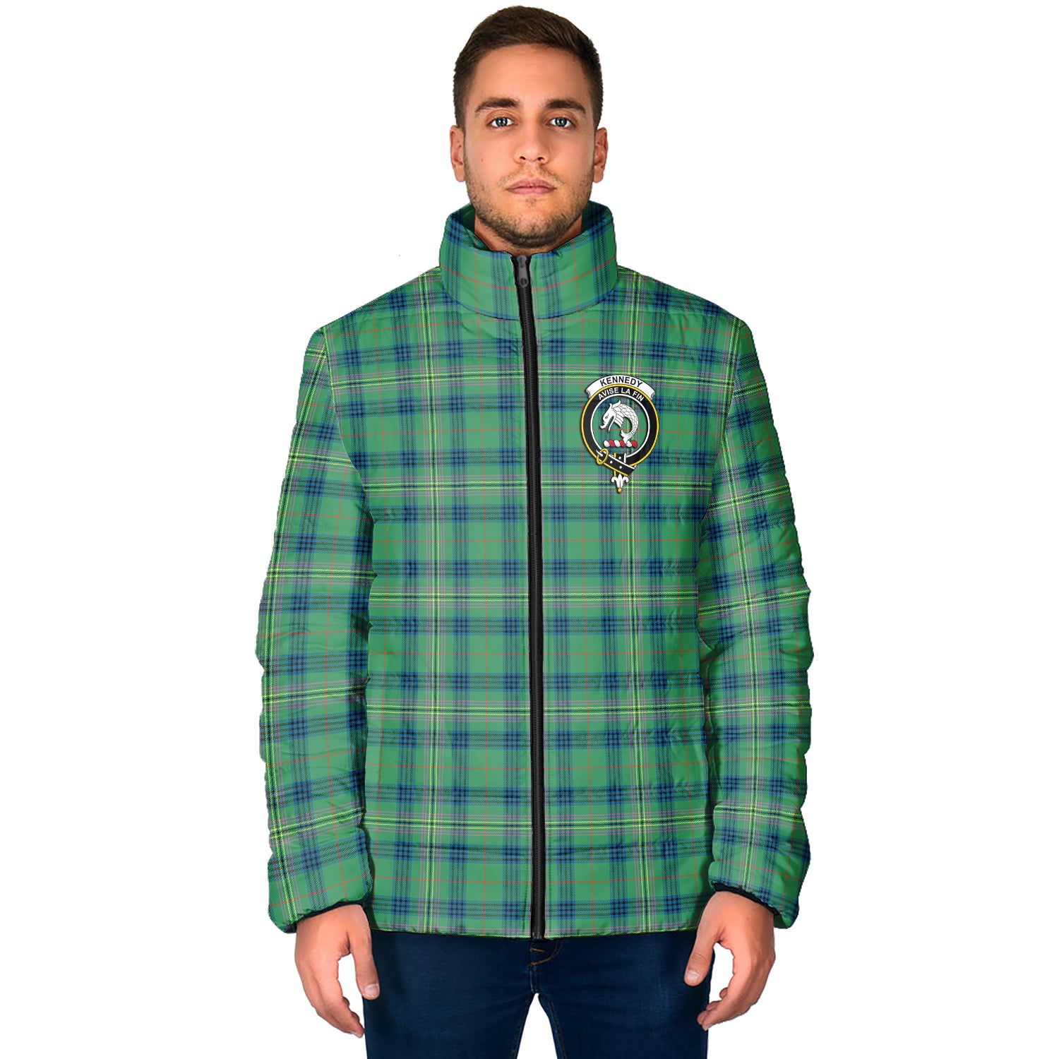 Kennedy Ancient Tartan Padded Jacket with Family Crest - Tartan Vibes Clothing