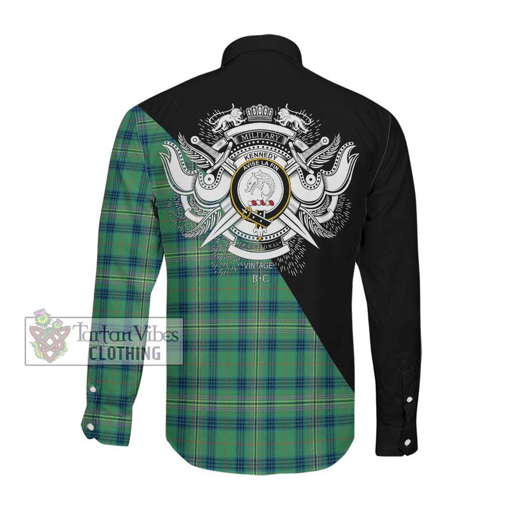 Kennedy Ancient Tartan Long Sleeve Button Shirt with Family Crest and Military Logo Style Men's Shirt - Tartanvibesclothing Shop