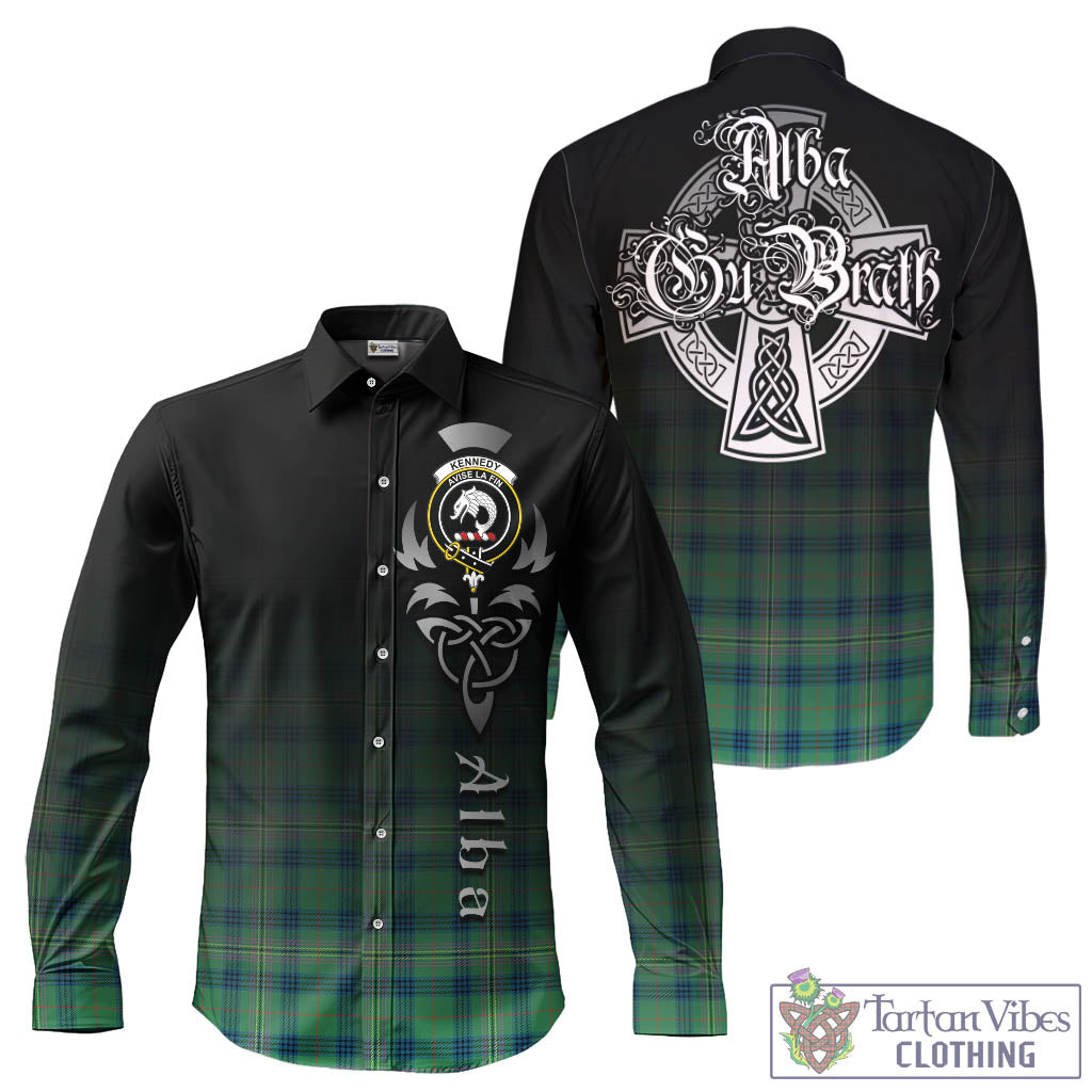 Tartan Vibes Clothing Kennedy Ancient Tartan Long Sleeve Button Up Featuring Alba Gu Brath Family Crest Celtic Inspired