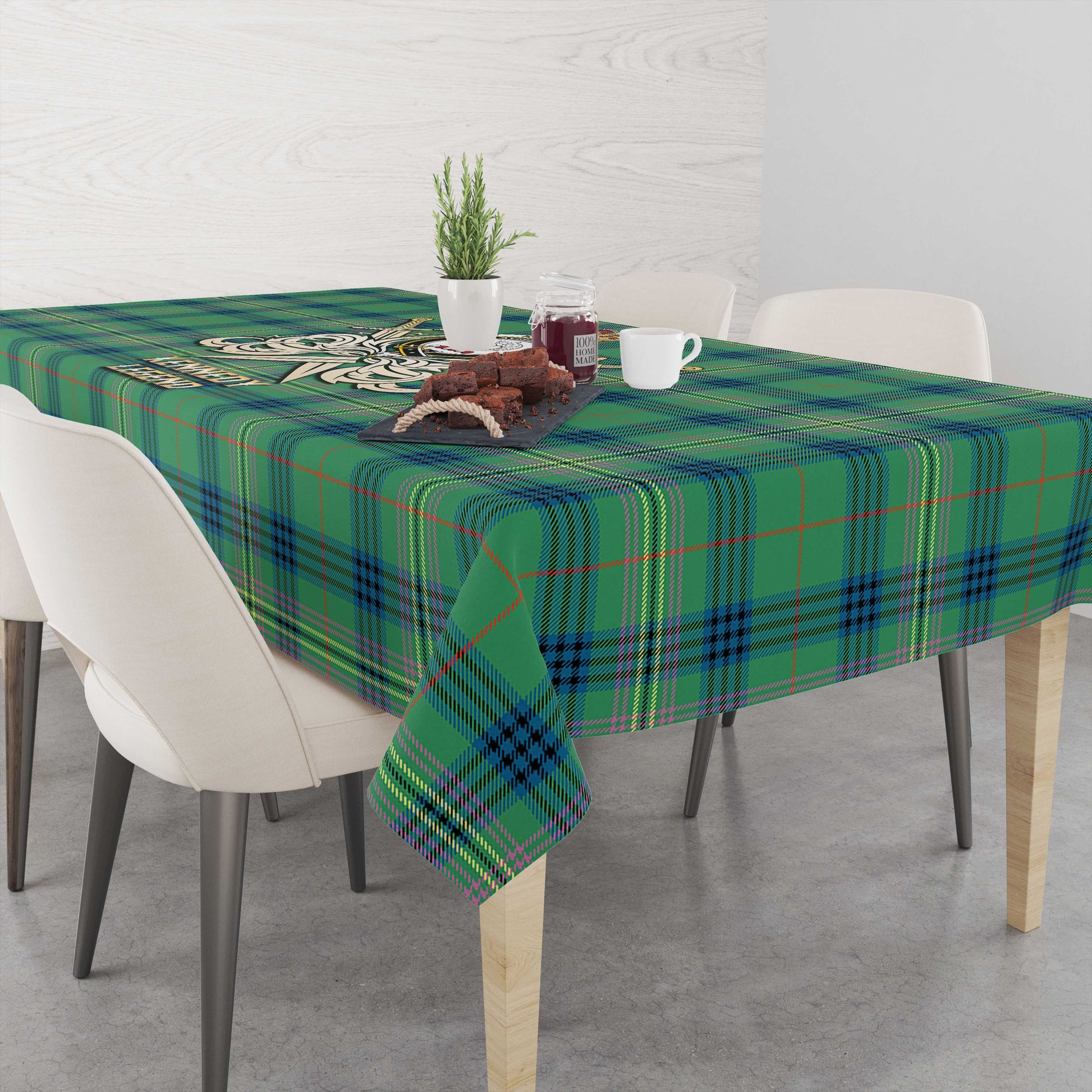 Tartan Vibes Clothing Kennedy Ancient Tartan Tablecloth with Clan Crest and the Golden Sword of Courageous Legacy