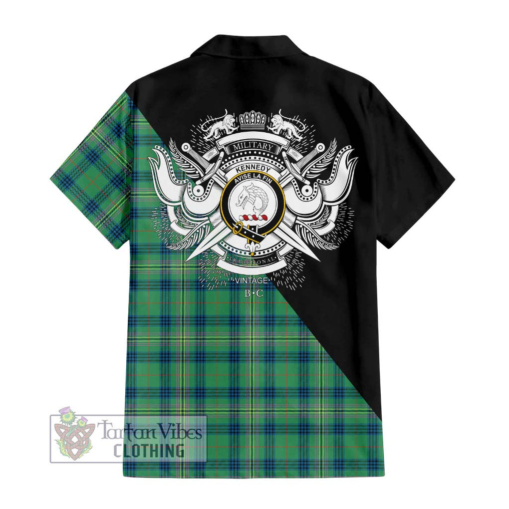 Kennedy Ancient Tartan Short Sleeve Button Shirt with Family Crest and Military Logo Style - Tartanvibesclothing Shop