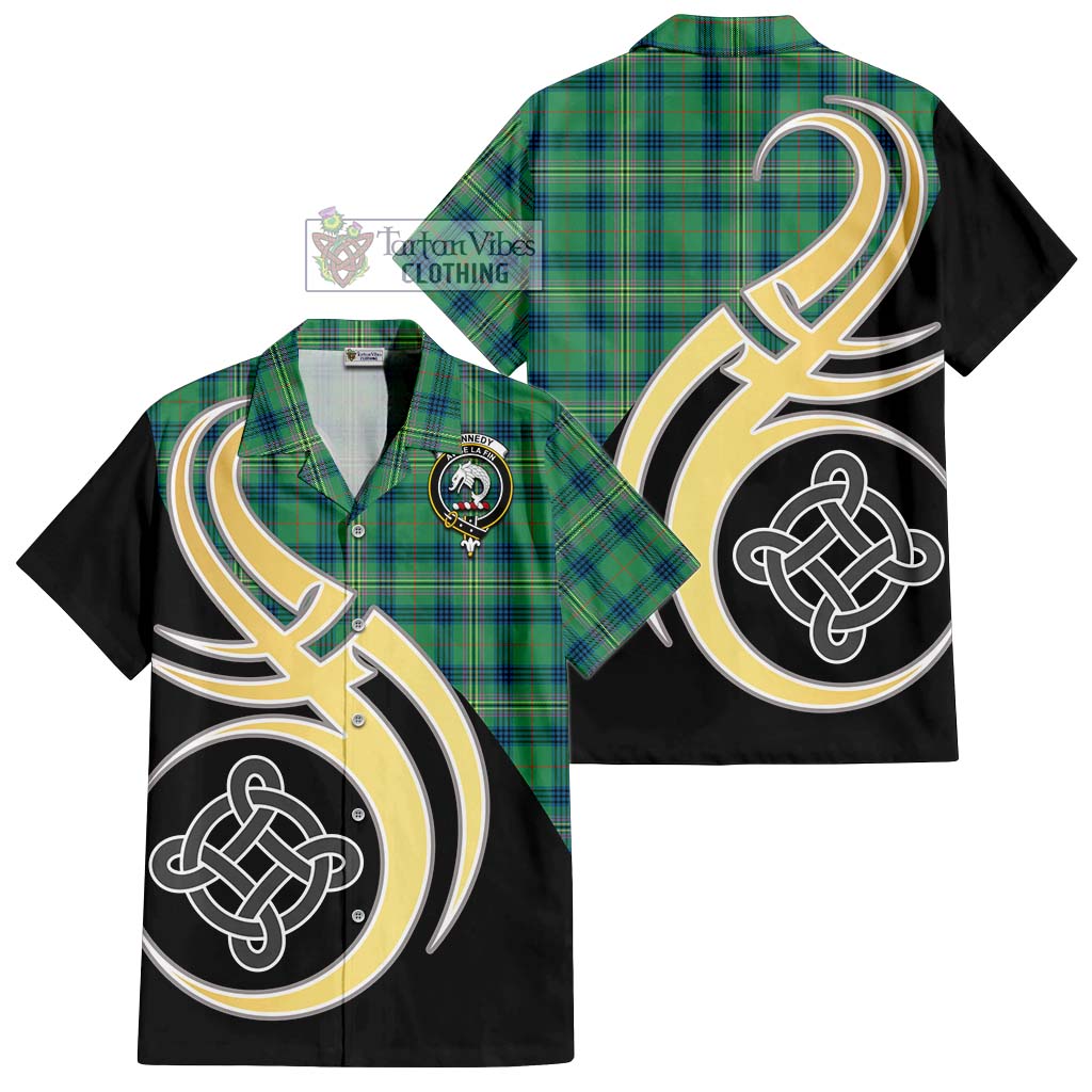 Kennedy Ancient Tartan Short Sleeve Button Shirt with Family Crest and Celtic Symbol Style - Tartan Vibes Clothing