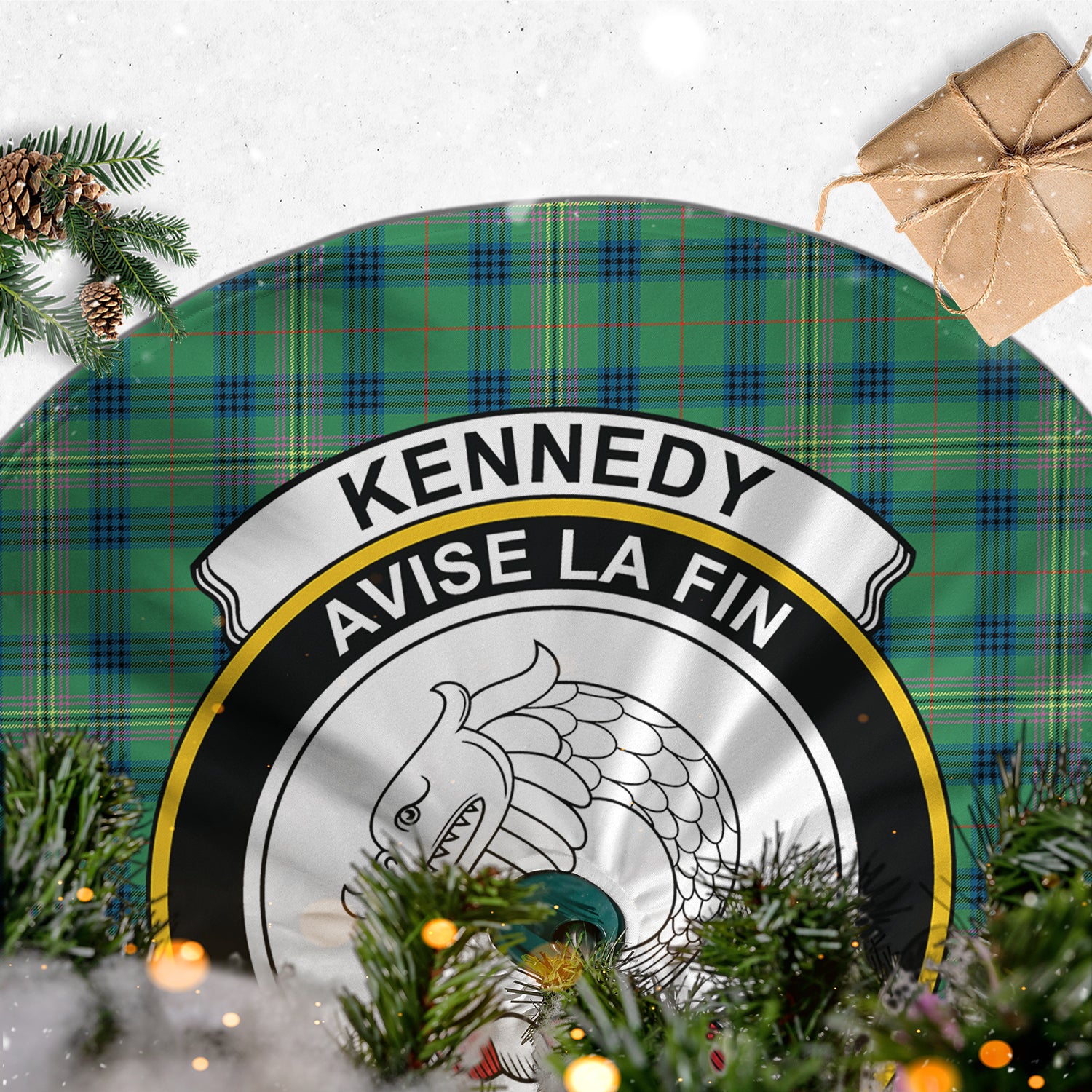 Kennedy Ancient Tartan Christmas Tree Skirt with Family Crest - Tartanvibesclothing