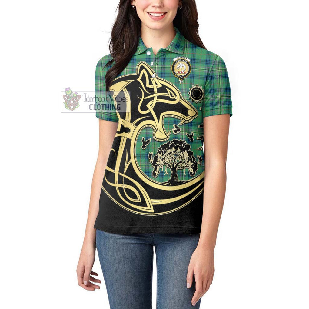 Kennedy Ancient Tartan Women's Polo Shirt with Family Crest Celtic Wolf Style - Tartanvibesclothing Shop