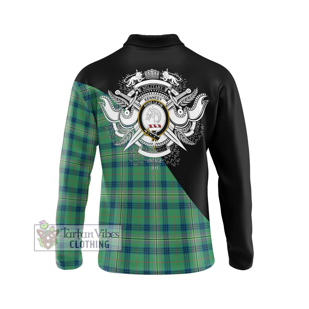 Kennedy Ancient Tartan Long Sleeve Polo Shirt with Family Crest and Military Logo Style - Tartanvibesclothing Shop