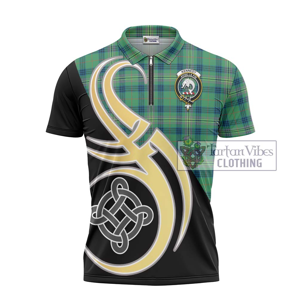 Tartan Vibes Clothing Kennedy Ancient Tartan Zipper Polo Shirt with Family Crest and Celtic Symbol Style