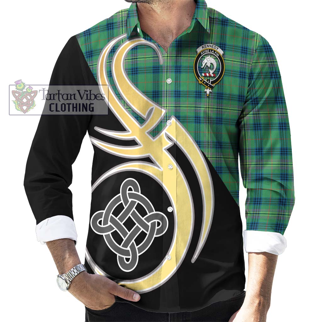 Kennedy Ancient Tartan Long Sleeve Button Shirt with Family Crest and Celtic Symbol Style - Tartan Vibes Clothing