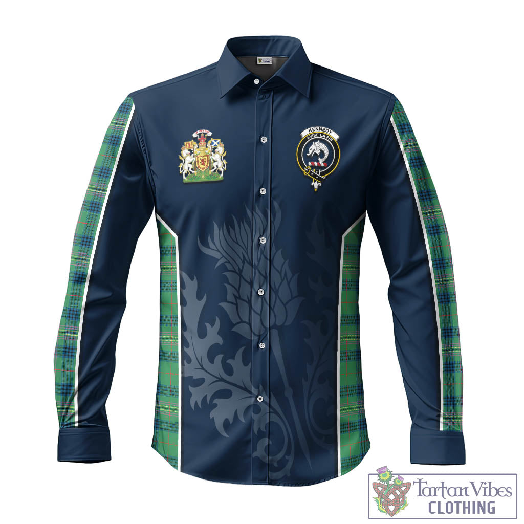 Tartan Vibes Clothing Kennedy Ancient Tartan Long Sleeve Button Up Shirt with Family Crest and Scottish Thistle Vibes Sport Style