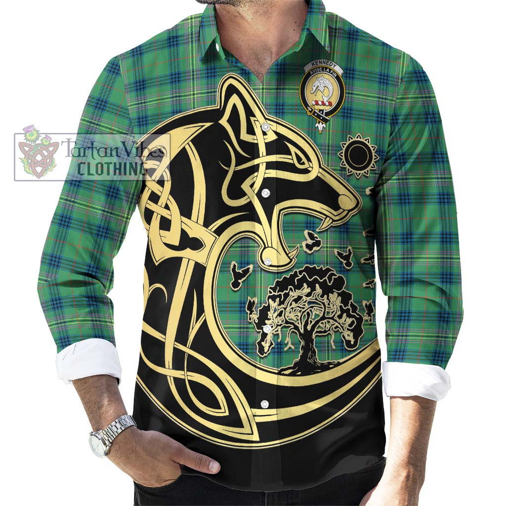 Kennedy Ancient Tartan Long Sleeve Button Shirt with Family Crest Celtic Wolf Style - Tartan Vibes Clothing