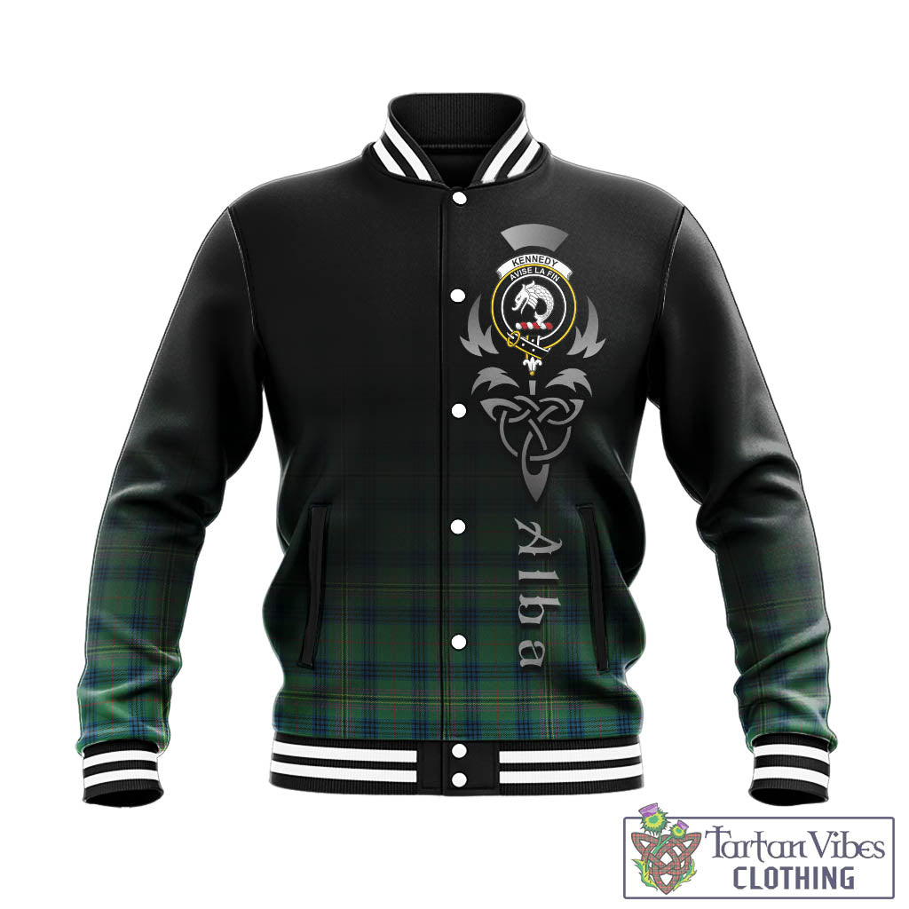 Tartan Vibes Clothing Kennedy Ancient Tartan Baseball Jacket Featuring Alba Gu Brath Family Crest Celtic Inspired