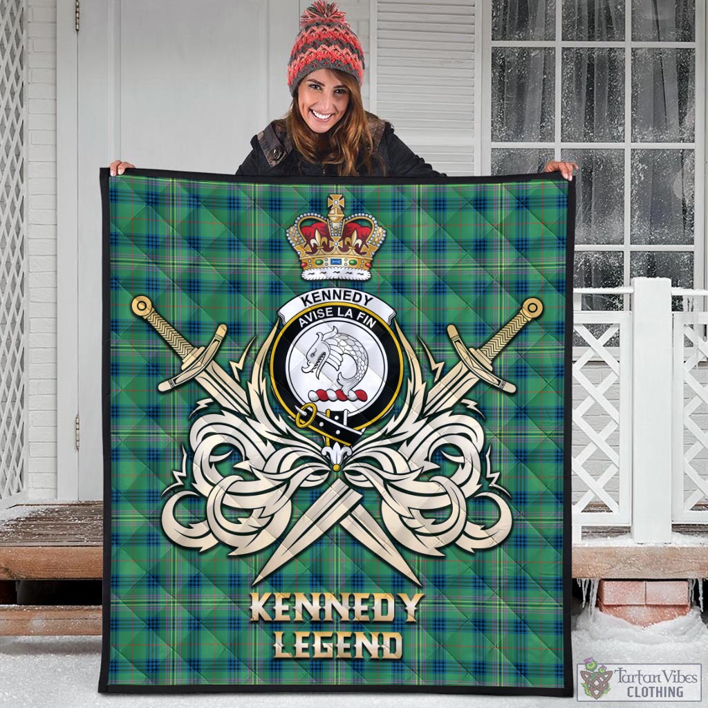 Tartan Vibes Clothing Kennedy Ancient Tartan Quilt with Clan Crest and the Golden Sword of Courageous Legacy