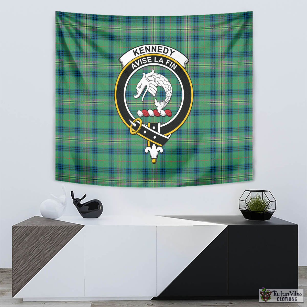 Tartan Vibes Clothing Kennedy Ancient Tartan Tapestry Wall Hanging and Home Decor for Room with Family Crest