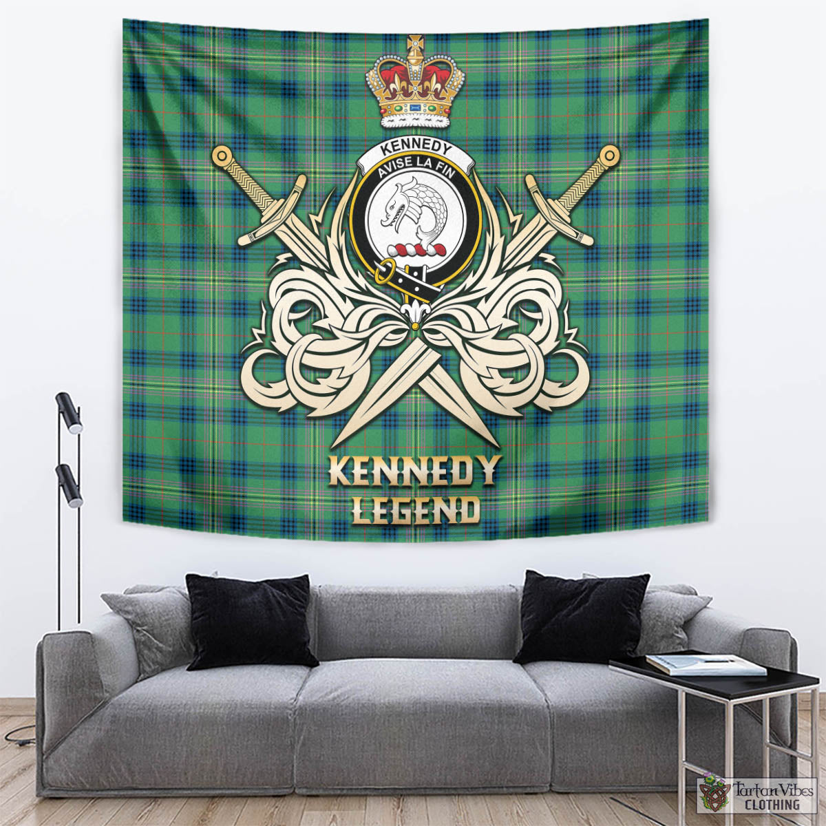 Tartan Vibes Clothing Kennedy Ancient Tartan Tapestry with Clan Crest and the Golden Sword of Courageous Legacy