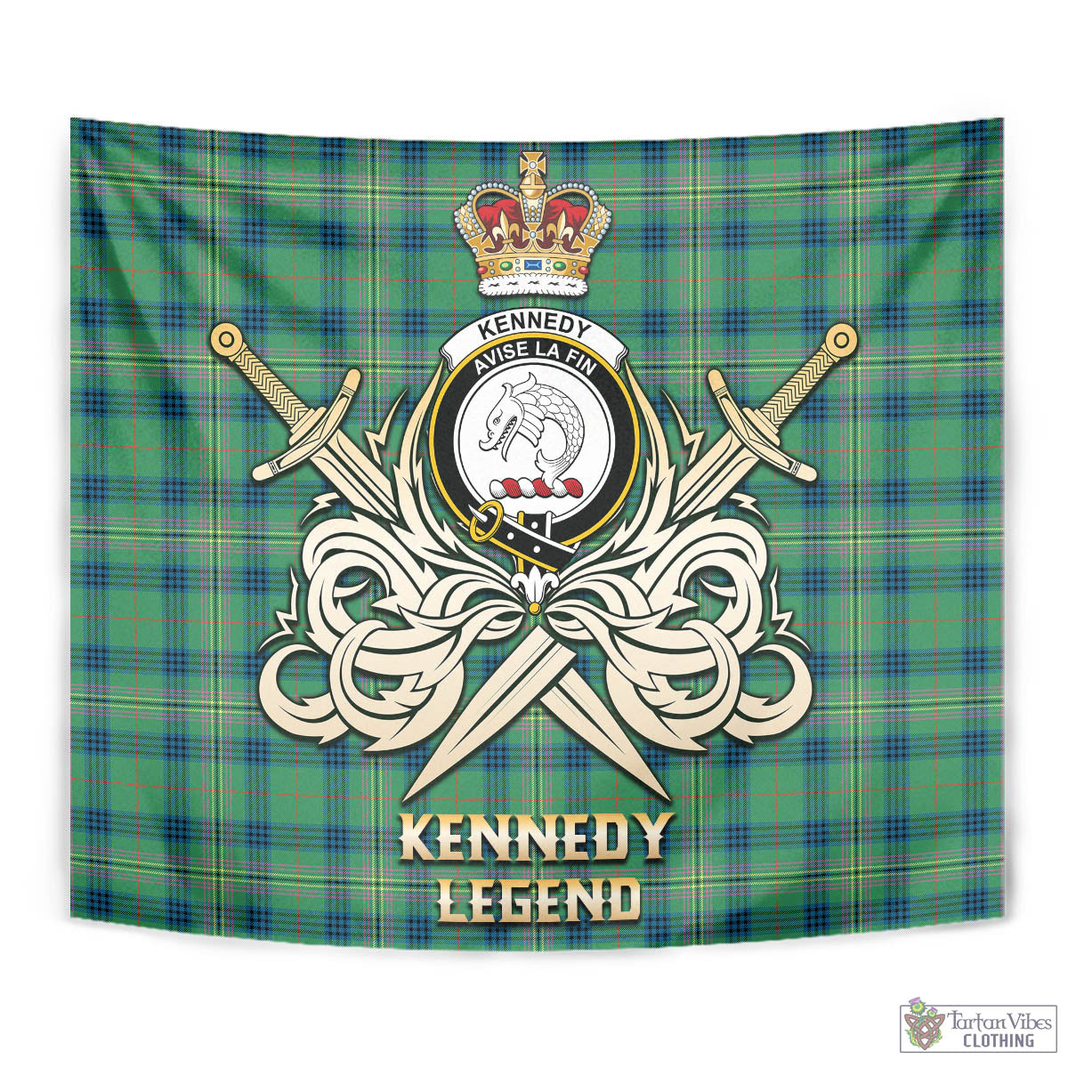 Tartan Vibes Clothing Kennedy Ancient Tartan Tapestry with Clan Crest and the Golden Sword of Courageous Legacy