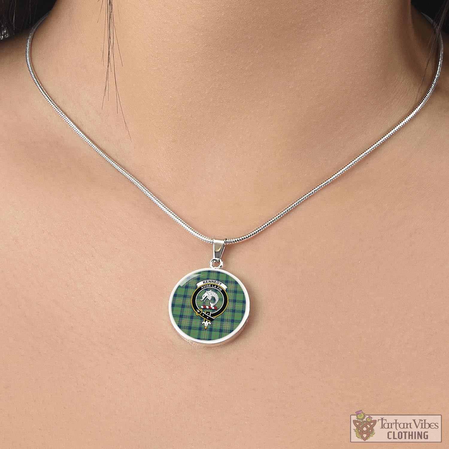 Tartan Vibes Clothing Kennedy Ancient Tartan Circle Necklace with Family Crest