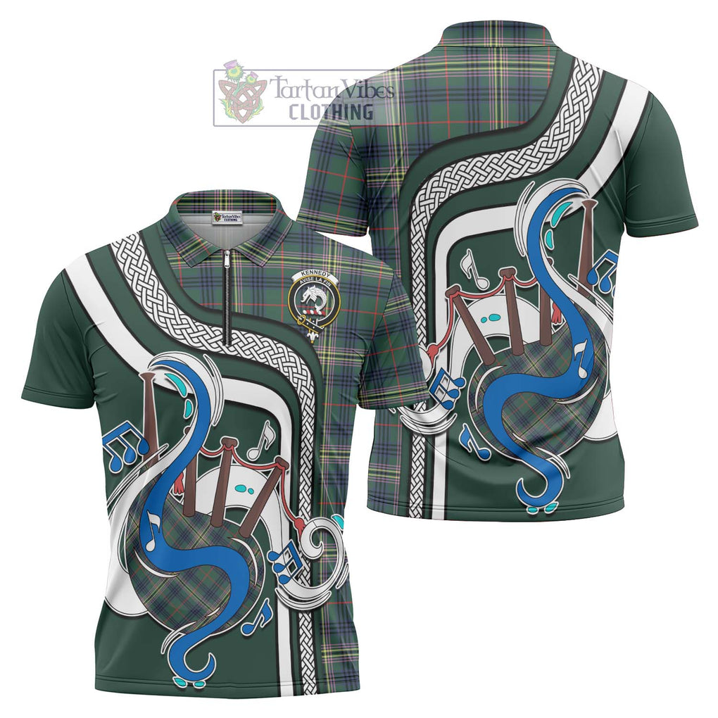 Kennedy Modern Tartan Zipper Polo Shirt with Epic Bagpipe Style Unisex - Tartanvibesclothing Shop